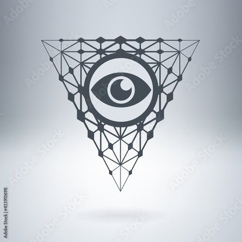 Digital all-seeing eye watching you. Digital vision for biometric data recognition. Artificial intelligence. Future technology. Vector illustration.