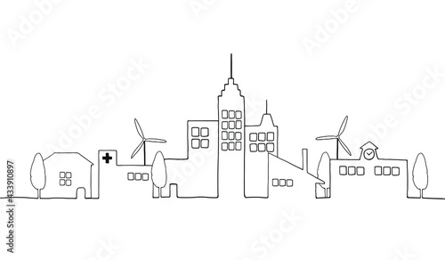 都市の風景の線画イラスト　モノクロ