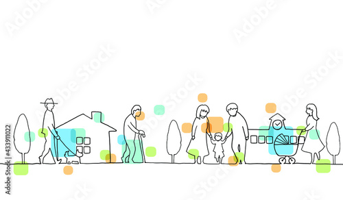 街並みと老若男女いろいろな人々が集う線画イラスト