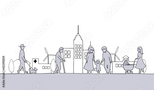 街並みと人々の線画イラスト