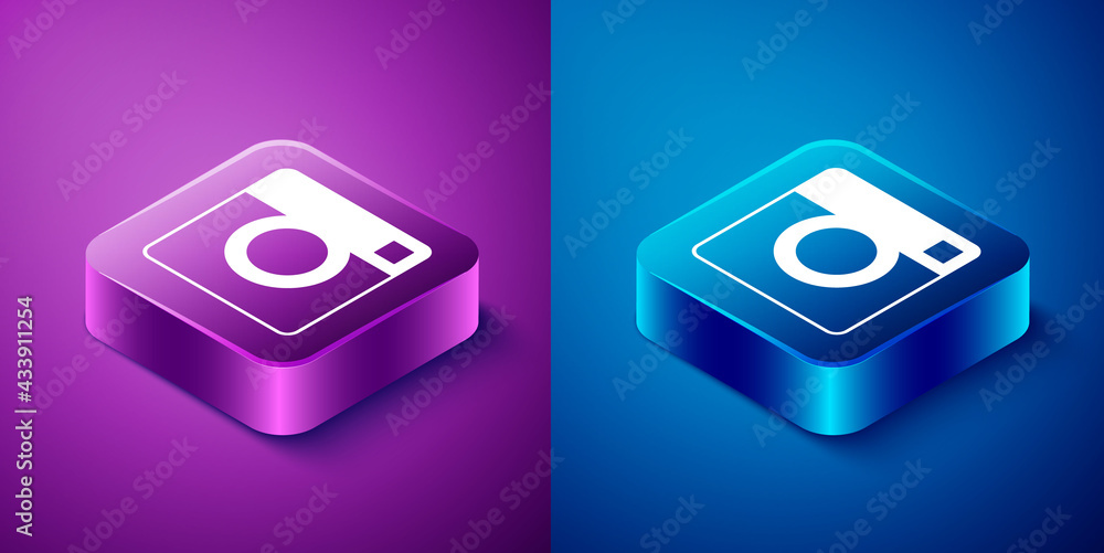Isometric Photo camera icon isolated on blue and purple background. Foto camera. Digital photography. Square button. Vector Isometric Photo camera icon isolated on blue and purple background. Foto camera. Digital photography. Square button. Vector