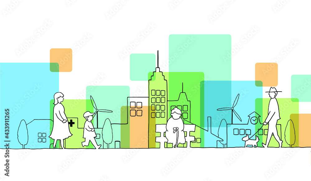 街並みと人々の線画イラスト Stock Vector Adobe Stock