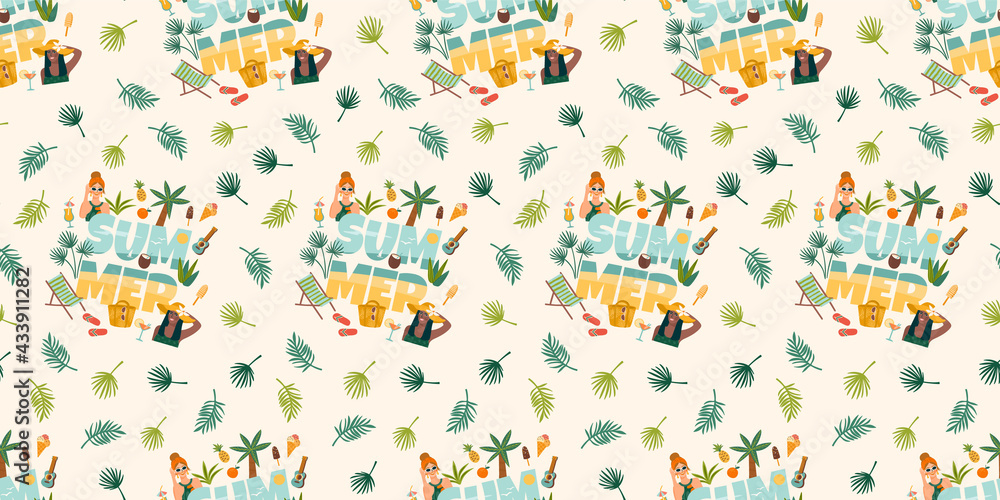 Vector seamless pattern with women in swimsuit on tropical beach. Summer holliday, vacation, travel Vector seamless pattern with women in swimsuit on tropical beach. Summer holliday, vacation, travel