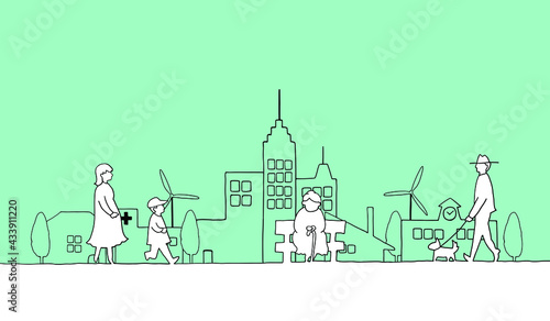 街並みと人々の線画イラスト
