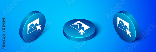 Isometric Photo retouching icon isolated on blue background. Photographer, photography, retouch icon. Blue circle button. Vector