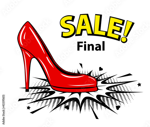 Red female pump sale banner in pop art style