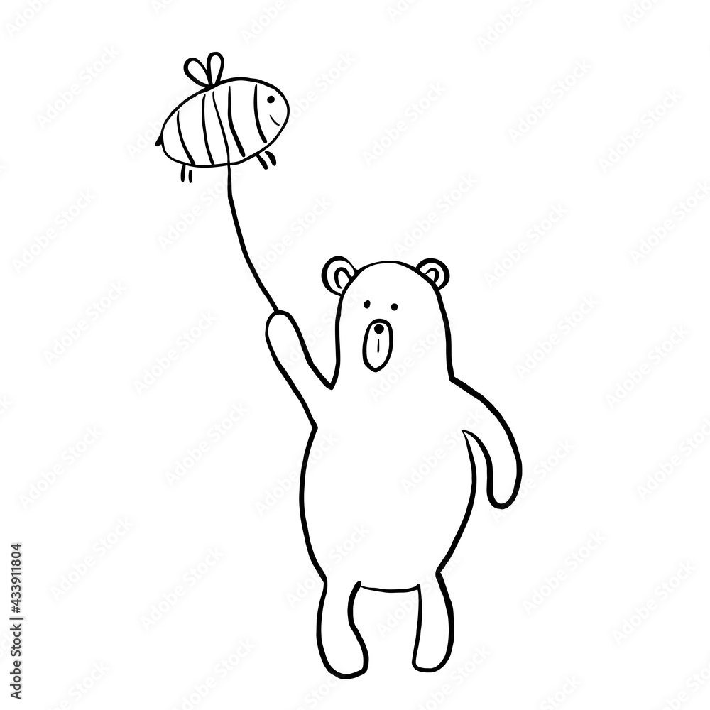 Funny bear with a bee ball on a string. Doodle style illustration, cartoon, hand-drawn. Funny bear with a bee ball on a string. Doodle style illustration, cartoon, hand-drawn.