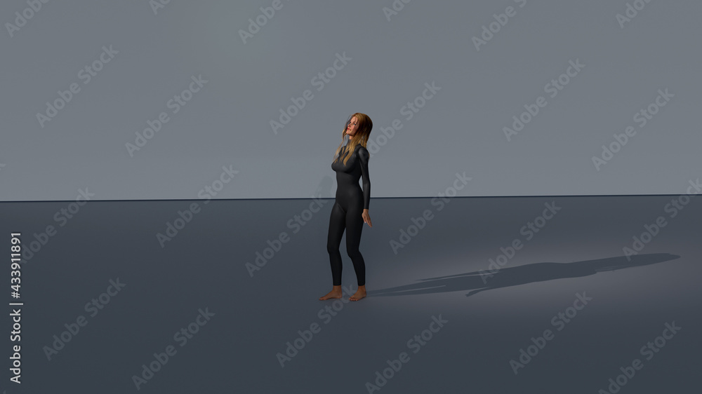 A girl in the middle of an empty room looking towards a light source. 3d illustration A girl in the middle of an empty room looking towards a light source. 3d illustration