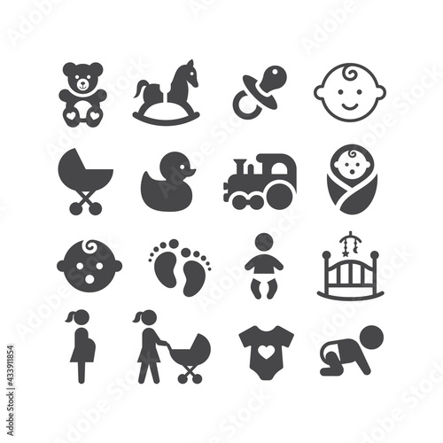Baby black vector icon set. Pram, dummy, toy, baby cradle symbols. photo
