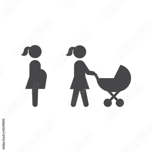 Pregnant woman and mother with pram or stroller. Black vector icon set.