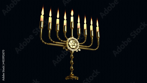 golden ornamental hanukkiah flaming isolated. object 3D illustration