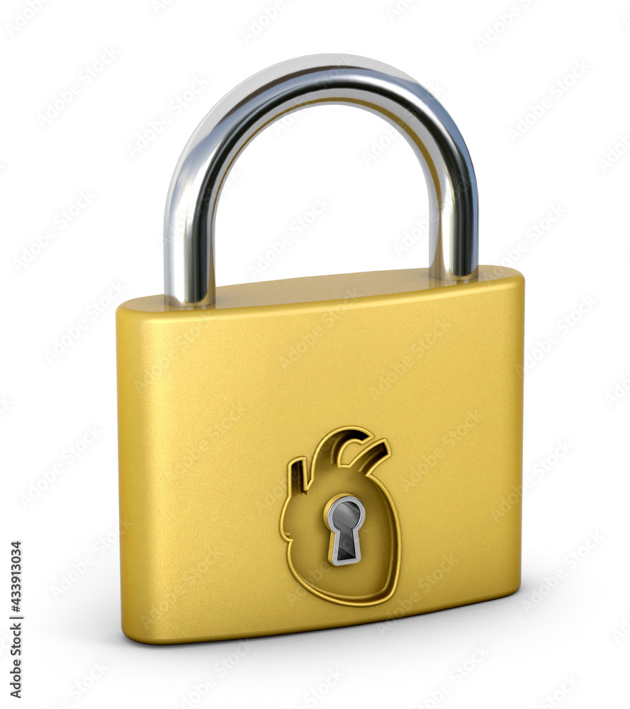 Engraved heart shape on a golden lock. Safety concept. 3d illustration. Engraved heart shape on a golden lock. Safety concept. 3d illustration.