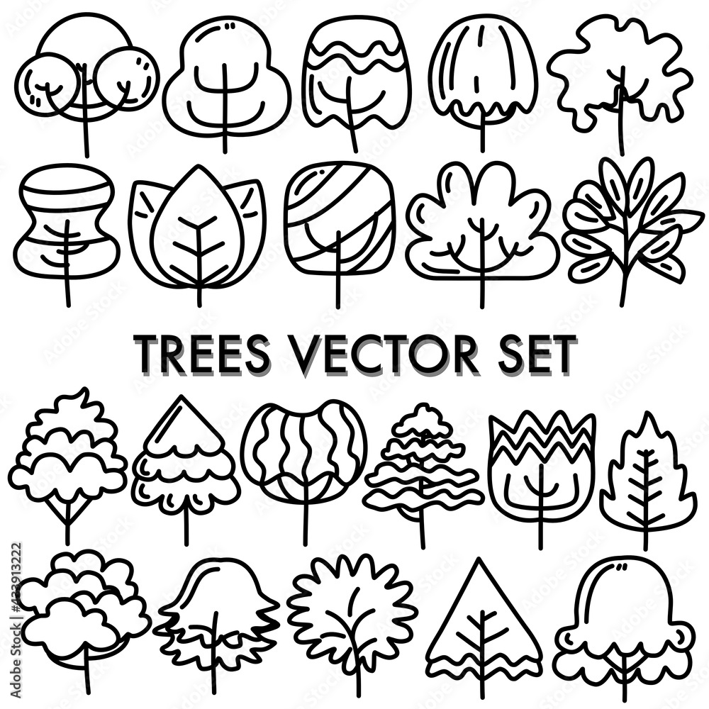 Cute black line trees vector doodle set with white background 