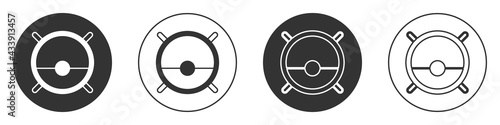 Black Robot vacuum cleaner icon isolated on white background. Home smart appliance for automatic vacuuming, digital device for house cleaning. Circle button. Vector