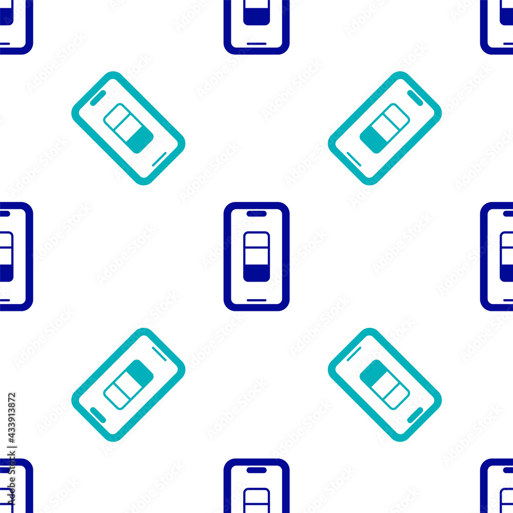 Blue Smartphone battery charge icon isolated seamless pattern on white background. Phone with a low battery charge. Vector Blue Smartphone battery charge icon isolated seamless pattern on white background. Phone with a low battery charge. Vector