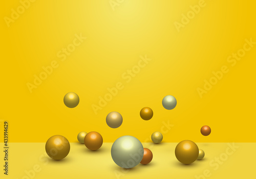3D dynamic 3d spheres glossy balls on yellow studio room background