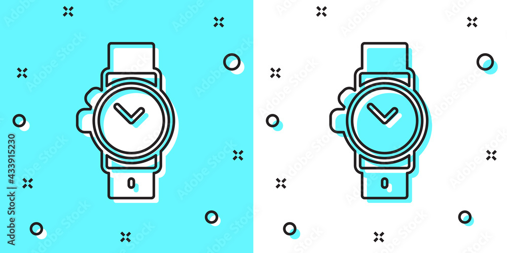 Black line Wrist watch icon isolated on green and white background. Wristwatch icon. Random dynamic shapes. Vector Black line Wrist watch icon isolated on green and white background. Wristwatch icon. Random dynamic shapes. Vector