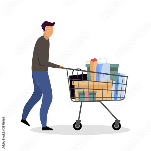 Buying goods at hypermarket flat color vector faceless character. Shopping cart. Grocery supermarket. Self-service shop isolated cartoon illustration for web graphic design and animation