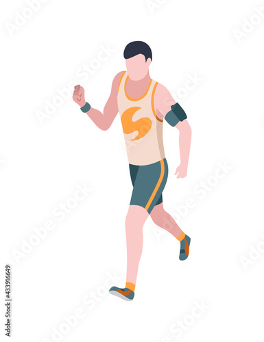 People in park isometric. Man engaged in sports walking. Active living recreation activities. Spending free time usefully. Vector character isolated on white