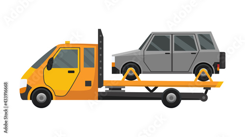 Tow truck. Flat faulty car loaded on a tow truck. Vehicle repair service which provides assistance damaged or salvaged cars