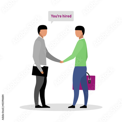 Being hired by company flat color vector faceless characters. Successful employment. Potential candidates examination isolated cartoon illustration for web graphic design and animation © The img