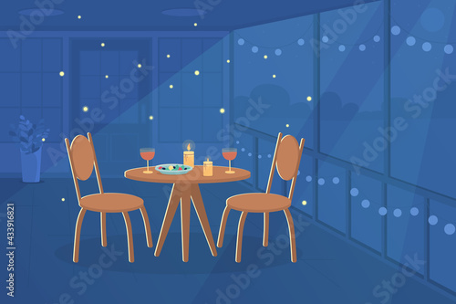 Romantic dinner at home flat color vector illustration. Having date night. Celebrating Valentines Day with beloved one. Cozy night 2D cartoon interior with romantic atmosphere on background