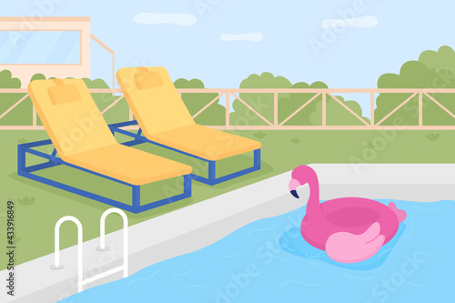 Home swimming pool flat color vector illustration. Water playground. Inflatable pool float for children. Swimming, leisure activities 2D cartoon backyard with green landscape on background
