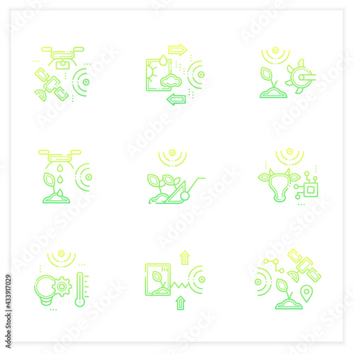 Smart farm gradient icons set. Consist of harvesting, RFID identification,GPS geofencing.Agricultural innovation concepts.Isolated vector illustration.Suitable to banners, mobile apps and presentation