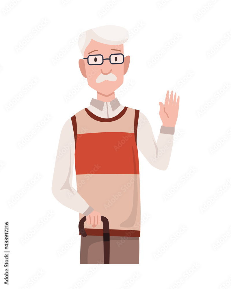 Greeting gesture of old men waving his hand. Character in casual clothes say hello. Nation representative greets you with a smile on his face Greeting gesture of old men waving his hand. Character in casual clothes say hello. Nation representative greets you with a smile on his face