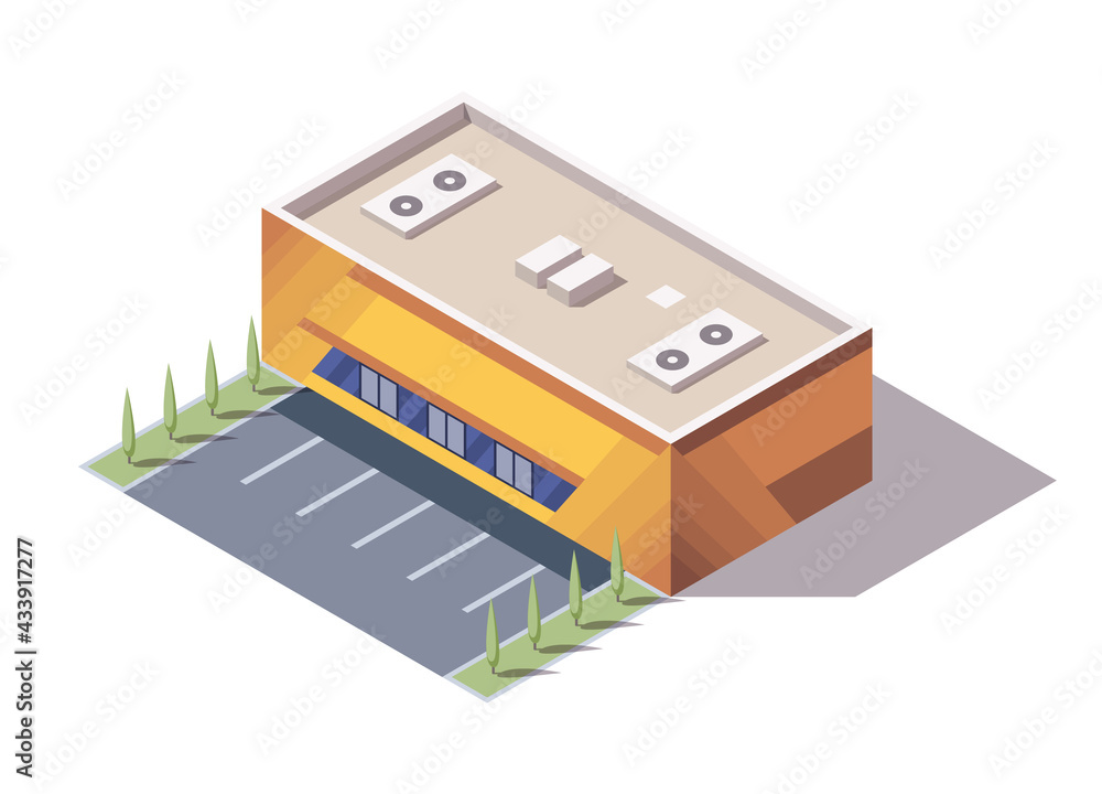 Isometric supermarket or grocery store building. Vector isometric icon or infographic element representing mall building with parking lot. 3D shop market for city infrastructure Isometric supermarket or grocery store building. Vector isometric icon or infographic element representing mall building with parking lot. 3D shop market for city infrastructure