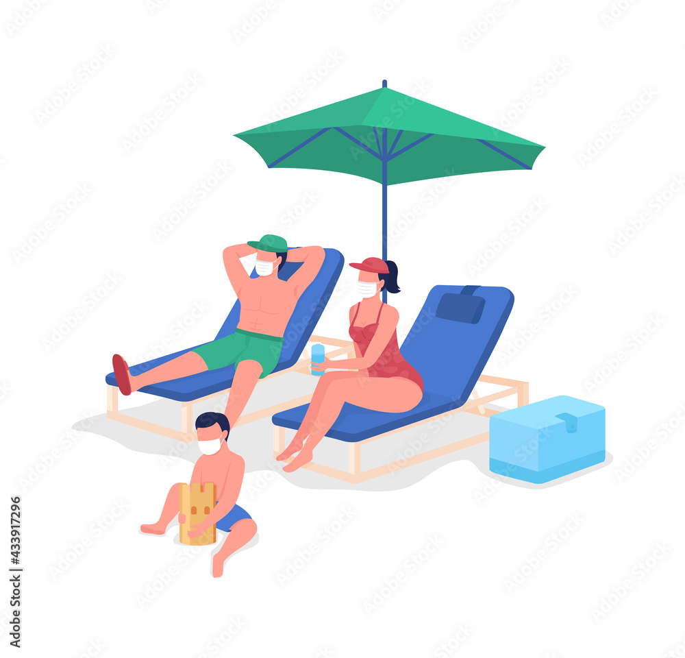 Fototapeta premium Post-pandemic family vacation flat color vector faceless characters. Parents and kid relaxing on beach. Traveling during pandemic isolated cartoon illustration for web graphic design and animation