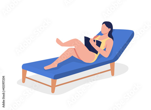 Reading book on beach flat color vector faceless character. Stress-relieving activity. Spending time outdoor and sunbathing isolated cartoon illustration for web graphic design and animation