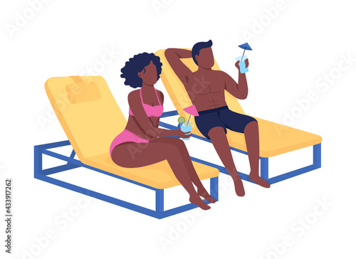 Romantic getaway flat color vector faceless characters. Idyllic vacation with spouse. Spending free time near swimming pool isolated cartoon illustration for web graphic design and animation