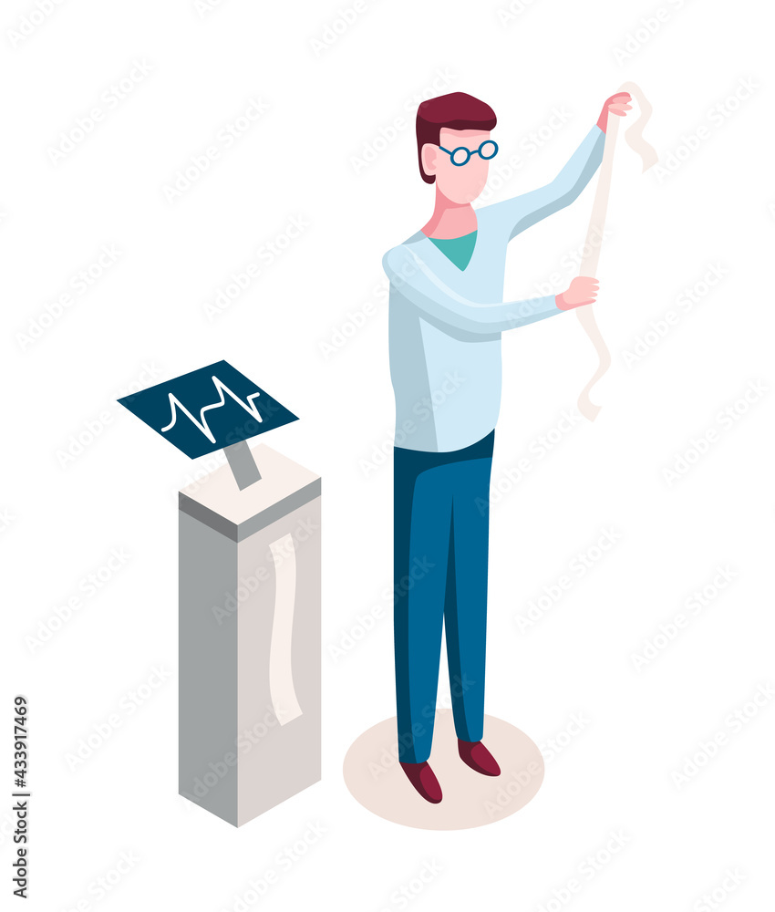Medicine researcher isometric. Doctor considers the results of research. Isometric vector illustration kit with people character Medicine researcher isometric. Doctor considers the results of research. Isometric vector illustration kit with people character