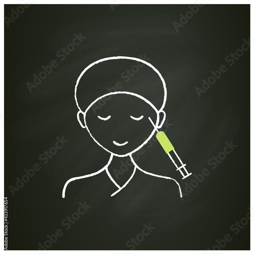 Cosmetic injection chalk icon.Injection into corners of eyes. Eyes lifting.Rejuvenation. Full syringe. Beauty cosmetic procedure concept. Isolated vector illustration on chalkboard