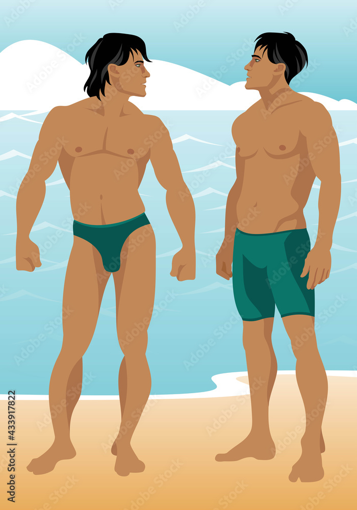 Two young athletic guys stand on the ocean and look at each other. Twins. Summer rest. Vector illustration. Two young athletic guys stand on the ocean and look at each other. Twins. Summer rest. Vector illustration.