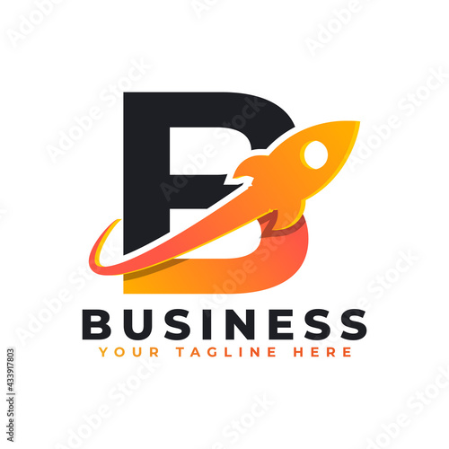 Letter B with Rocket Up and Swoosh Logo Design. Creative Letter Mark Suitable for Company Brand Identity, Travel, Start up, Logistic, Business Logo Template