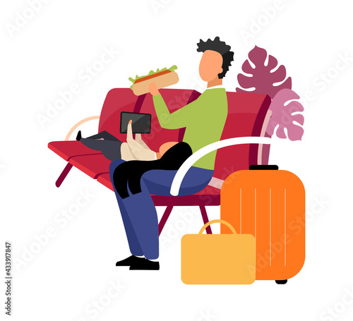 Sibling waiting for departure flat color vector faceless characters. Father and daughter resting. Eating fast food before flight isolated cartoon illustration for web graphic design and animation