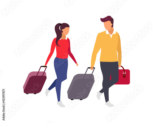 Romantic couple travel flat color vector faceless characters. Weekend getaway. Girlfriend and boyfriend going to flight isolated cartoon illustration for web graphic design and animation