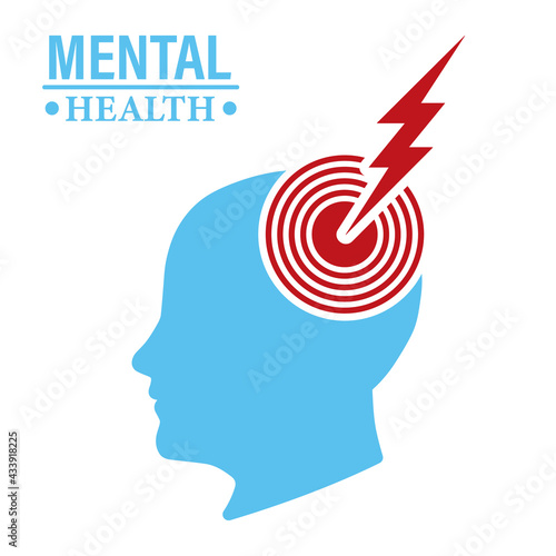 The icon is a silhouette of a head with a target and a zipper. Illustration of the concept of mental health. Depressive state of mind, anger, bad mood. Vector illustration