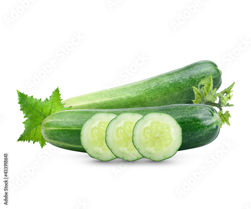 Cucumber and slices white leavese isolated  on white background. vegetable for salad and skin health. photo