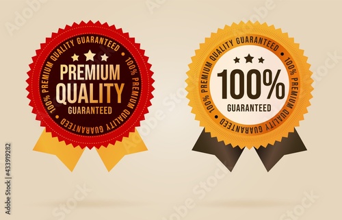 Quality guarantee sticker label, badge for certified product. Descriptive selling special retail etiquette for store shop commodity or business service. Isolated vector illustration