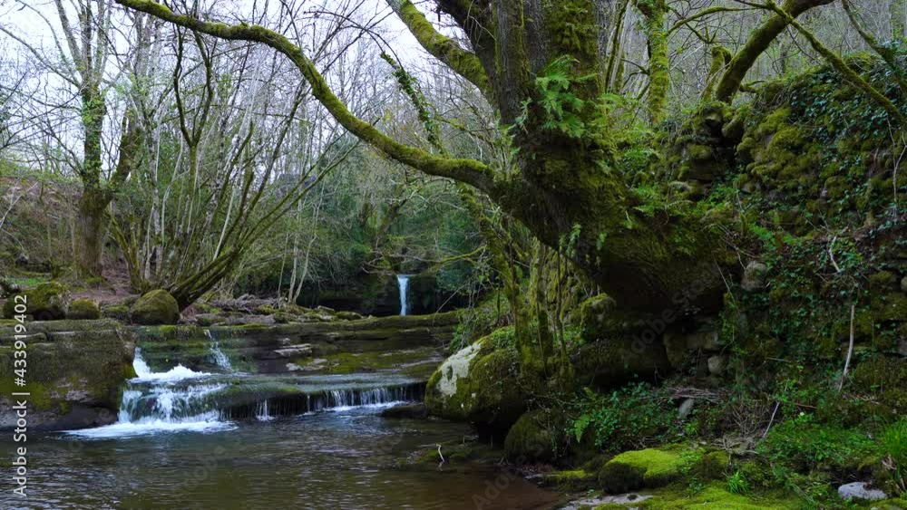 Viaña waterfall. Landscape of mowing meadows, huts and old bridges in Viaña.Vega de Pas. Valles Pasiegos, Cantabria, Spain, Europe Viaña waterfall. Landscape of mowing meadows, huts and old bridges in Viaña.Vega de Pas. Valles Pasiegos, Cantabria, Spain, Europe