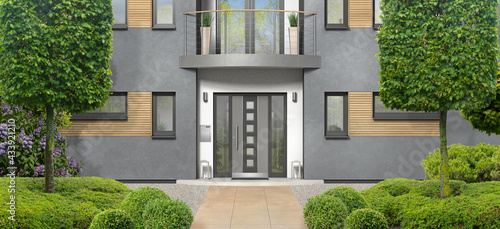 Fictitious modern private Home Entrance with front yard and front door photo