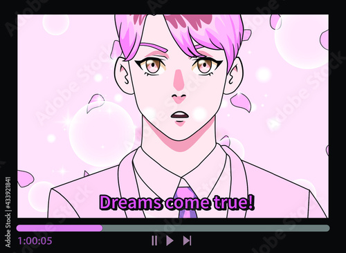 Concept illustration of subtitled anime with the main male character. A handsome guy in a suit is talking, and the petals of a blooming sakura are falling in front of him.