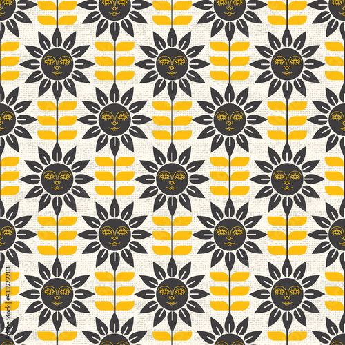 Stylized SunFlower with Face Trendy Vector Seamless Pattern