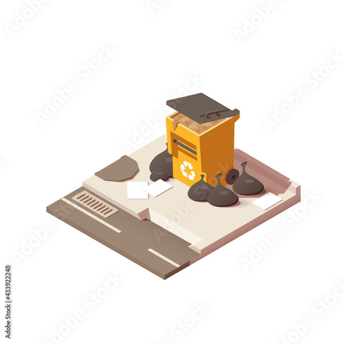 A trash can filled with garbage. The concept of environmental pollution. Vector isometric illustration isolated on a white background