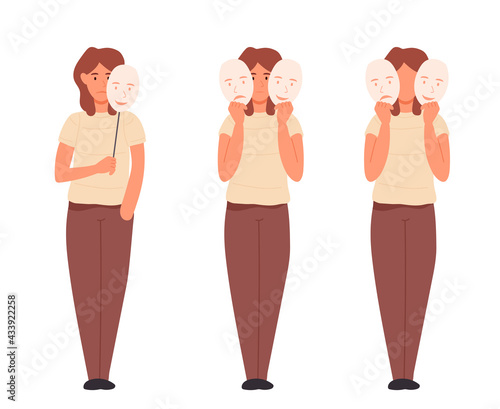 A woman holds social masks in her hands that hide her real emotions. The concept of social adaptation and pressure. Colored vector illustration isolated on white background