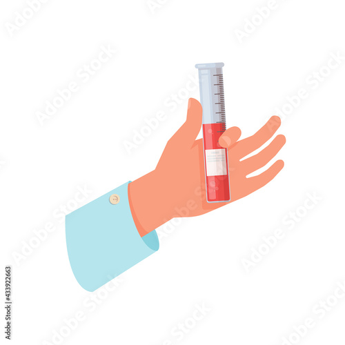 Close-up of glass tube with blood in the hand. Medical test. Vector illustration isolated on white background