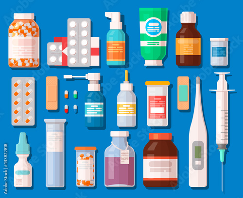 Pharmacy set items. Hospital set of drugs with labels. Medication, pharmaceutics concept. Vector illustration in flat style